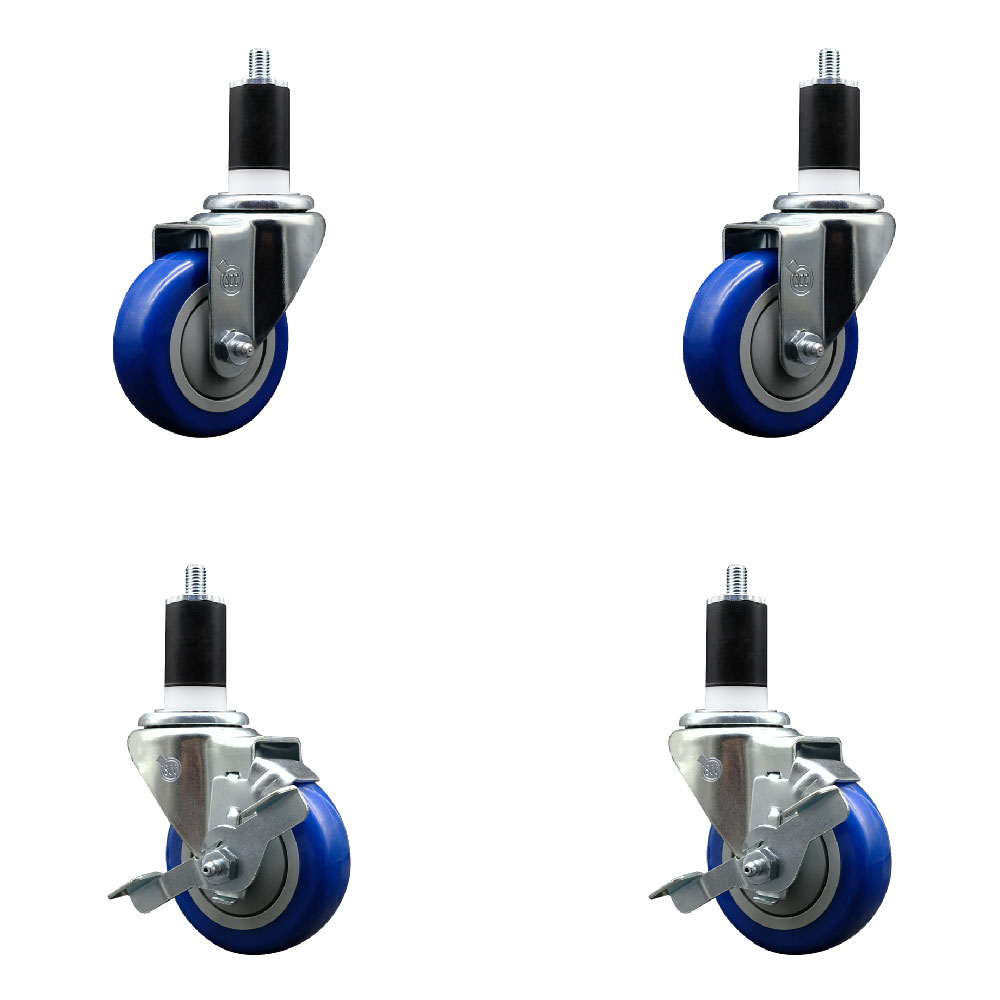 Stainless Steel Polyurethane Swivel Expanding Stem Caster Set of 4 with 3.5 Inch Blue Wheels and 1-1/2" Stems - Includes 2 with Top Locking Brakes - 1200 lbs Total Capacity - Service Caster Brand — photo 1