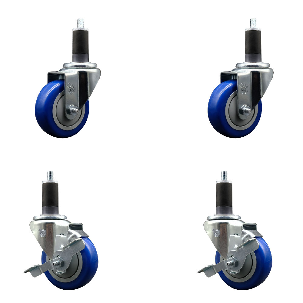 Polyurethane Swivel Expanding Stem Caster Set of 4 with 3.5 Inch Blue Wheels and 1-1/4" Stems - Includes 2 with Top Locking Brakes - 1200 lbs Total Capacity - Service Caster Brand — photo 1