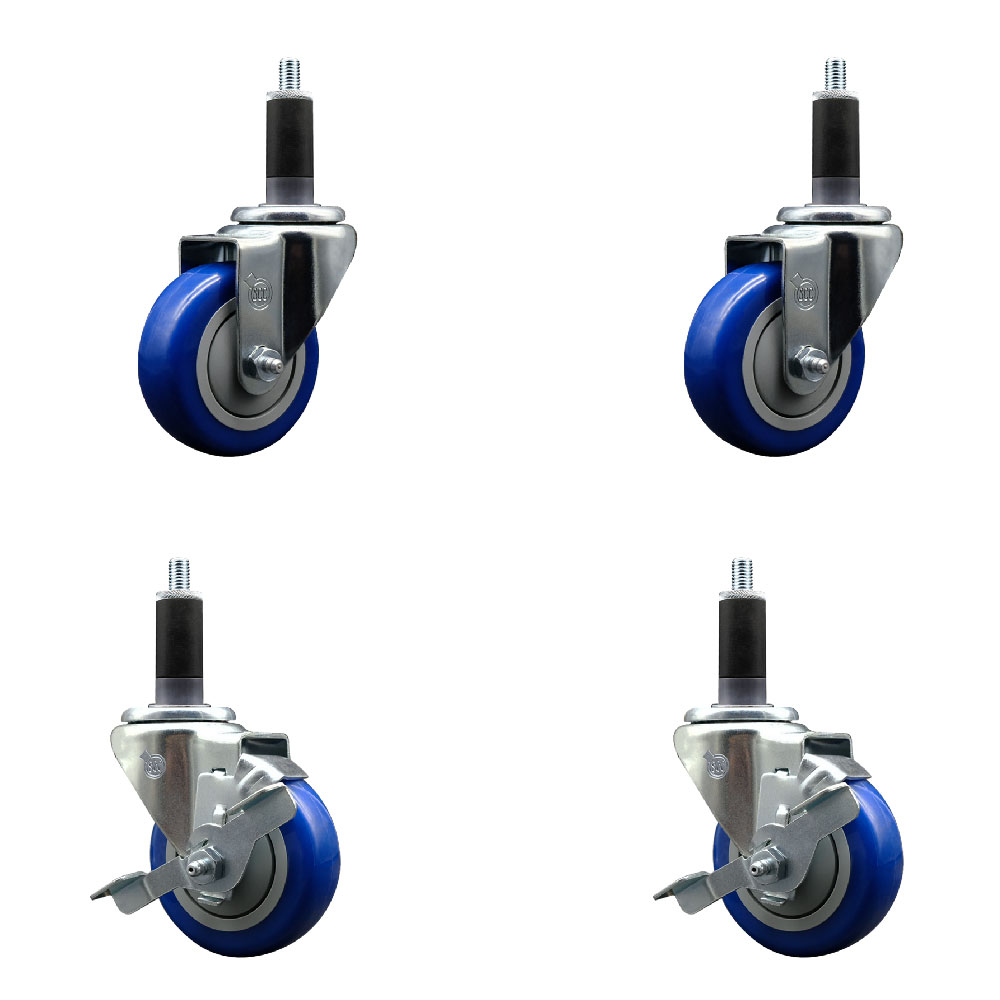 Polyurethane Swivel Expanding Stem Caster Set of 4 with 3.5 Inch Blue Wheels and 1-1/8" Stems - Includes 2 with Top Locking Brakes - 1200 lbs Total Capacity - Service Caster Brand — photo 1