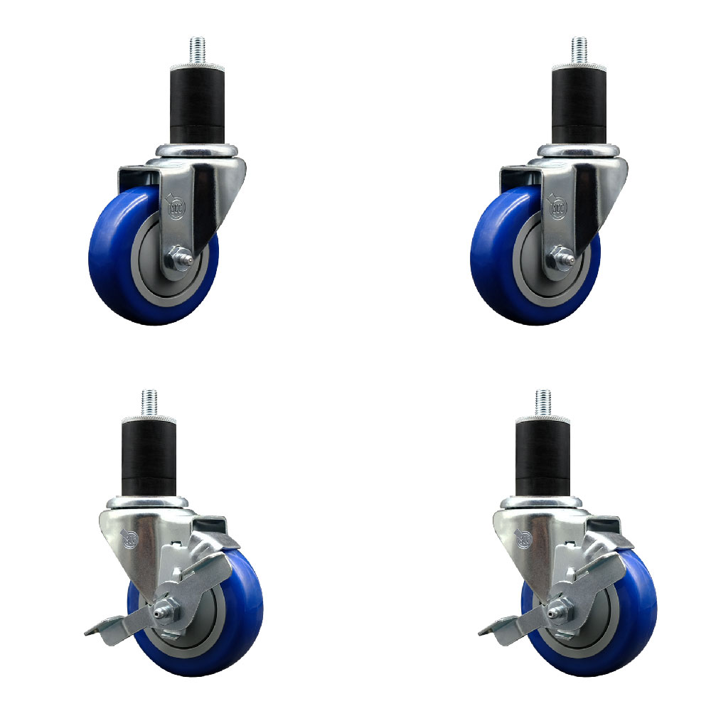 Stainless Steel Polyurethane Swivel Expanding Stem Caster Set of 4 with 3.5 Inch Blue Wheels and 1-3/4" Stems - Includes 2 with Top Locking Brakes - 1200 lbs Total Capacity - Service Caster Brand — photo 1