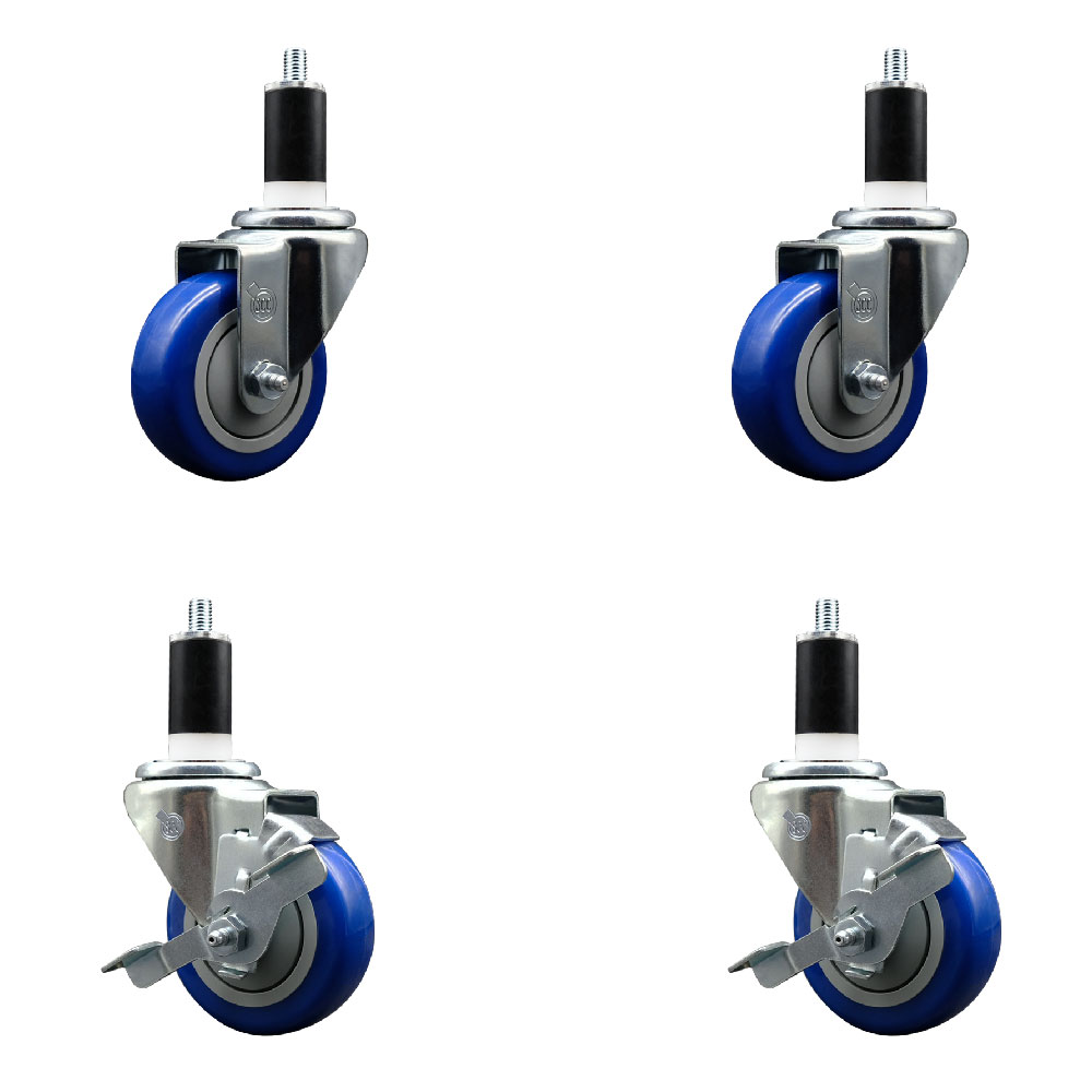 Polyurethane Swivel Expanding Stem Caster Set of 4 with 3.5 Inch Blue Wheels and 1-3/8" Stems - Includes 2 with Top Locking Brakes - 1200 lbs Total Capacity - Service Caster Brand — photo 1