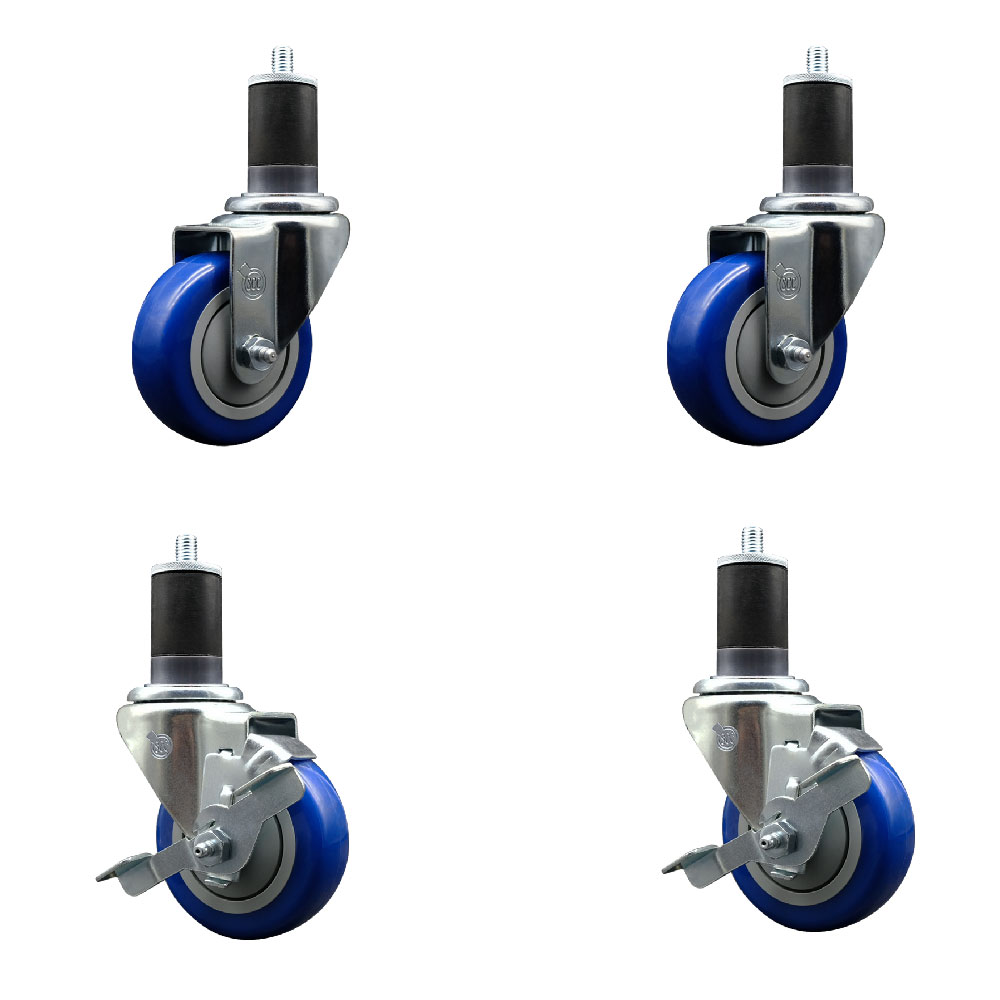 Polyurethane Swivel Expanding Stem Caster Set of 4 with 3.5 Inch Blue Wheels and 1-5/8" Stems - Includes 2 with Top Locking Brakes - 1200 lbs Total Capacity - Service Caster Brand — photo 1