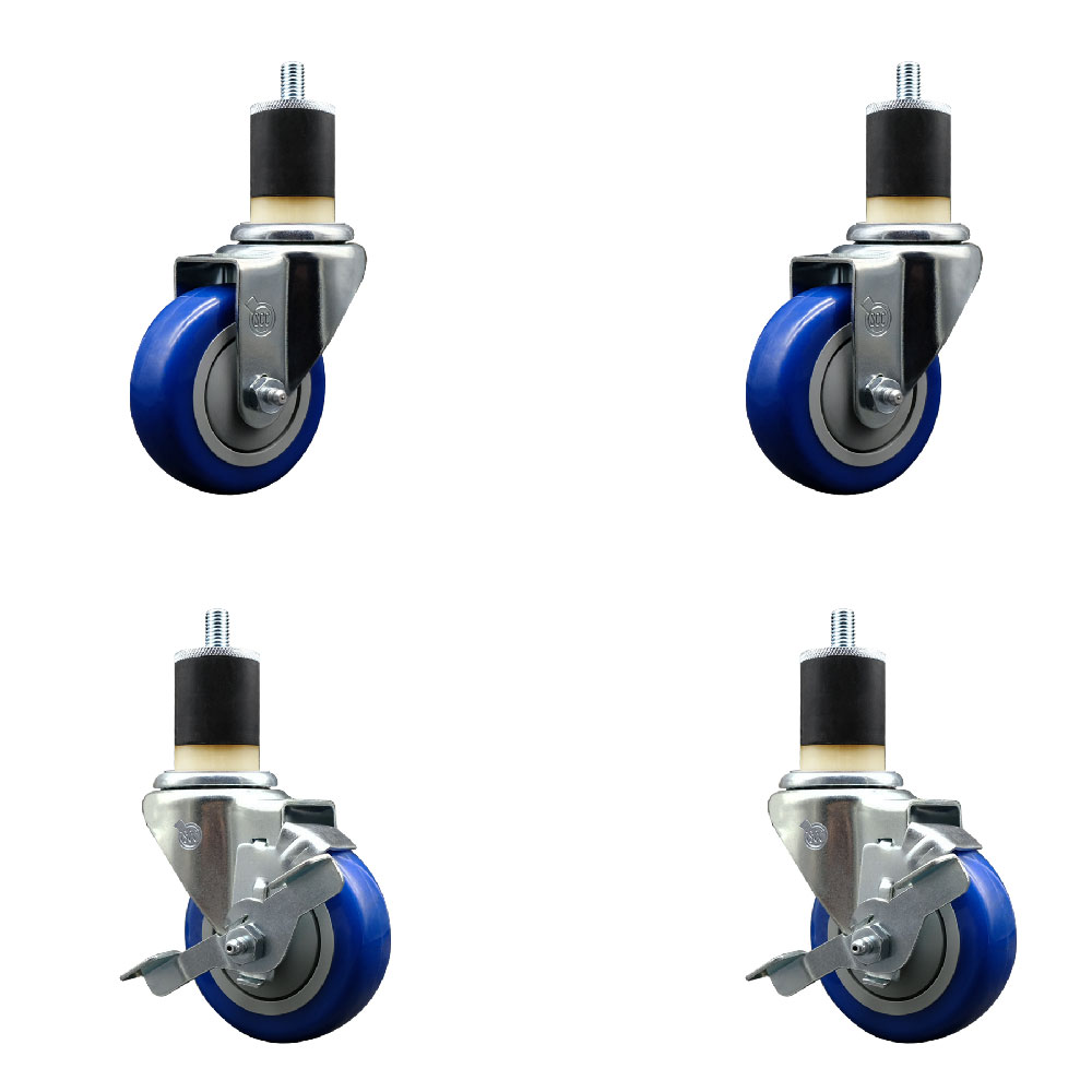 Stainless Steel Polyurethane Swivel Expanding Stem Caster Set of 4 with 3.5 Inch Blue Wheels and 1-7/8" Stems - Includes 2 with Top Locking Brakes - 1200 lbs Total Capacity - Service Caster Brand — photo 1