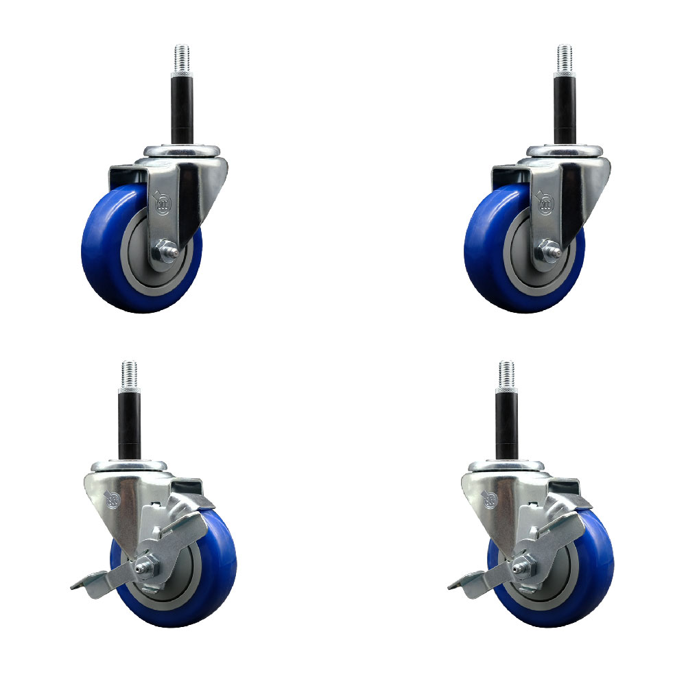 Stainless Steel Polyurethane Swivel Expanding Stem Caster Set of 4 with 3.5 Inch Blue Wheels and 3/4" Stems - Includes 2 with Top Locking Brakes - 1200 lbs Total Capacity - Service Caster Brand — photo 1