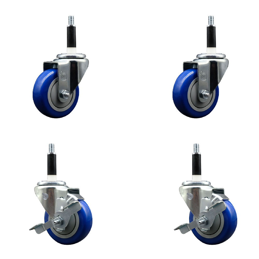 Stainless Steel Polyurethane Swivel Expanding Stem Caster Set of 4 with 3.5 Inch Blue Wheels and 7/8" Stems - Includes 2 with Top Locking Brakes - 1200 lbs Total Capacity - Service Caster Brand — photo 1