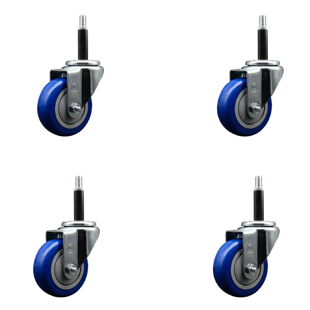 Polyurethane Swivel Expanding Stem Caster Set of 4 with 3.5 Inch Blue Wheels and 3/4" Stems - 300 lbs. Capacity Per Caster - Service Caster Brand — photo 1