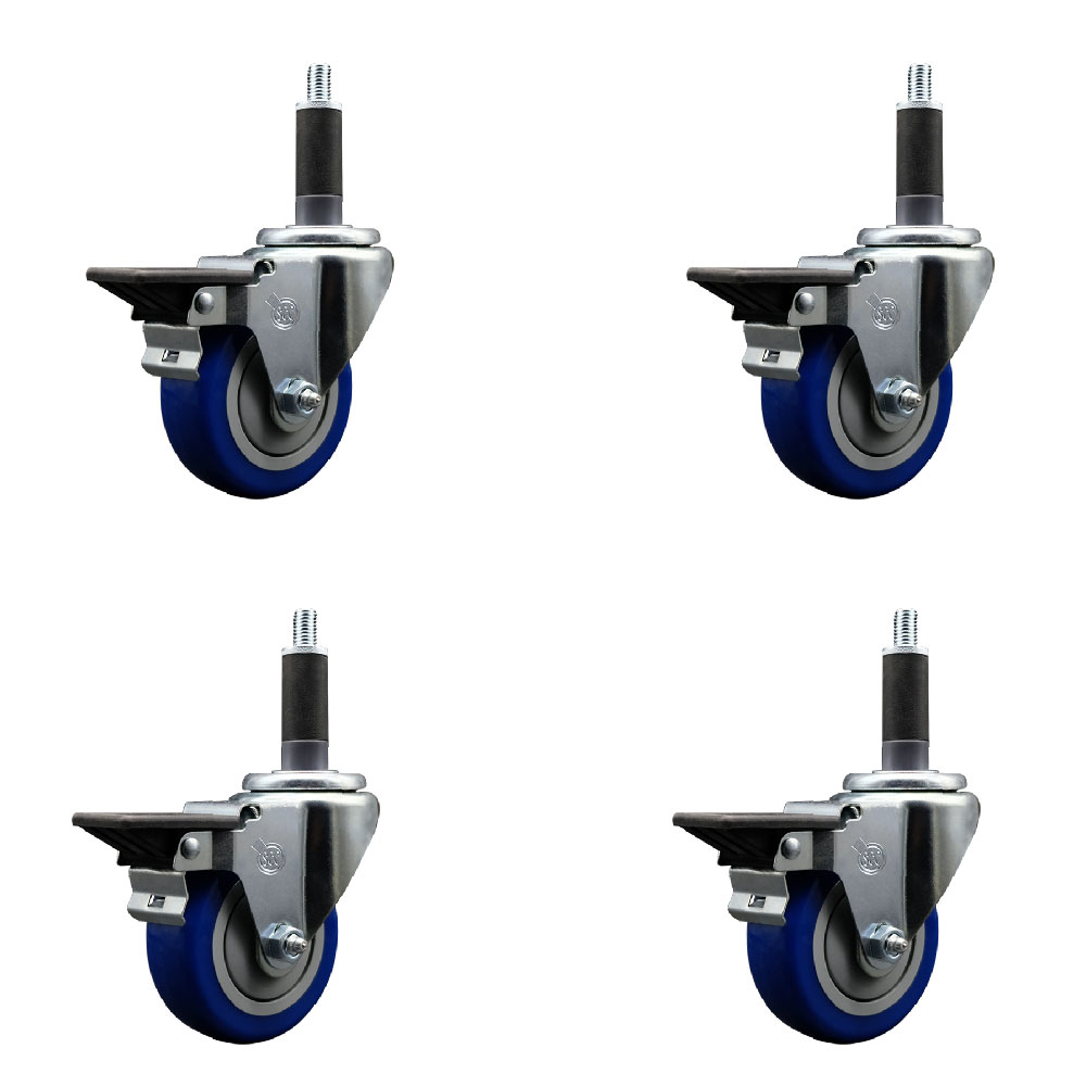 Polyurethane Swivel Expanding Stem Caster Set of 4 with 3.5 Inch Blue Wheels and 1" Stems - Includes 4 Swivel with Posi Locking Brakes - 300 lbs. Capacity Per Caster - Service Caster Brand — photo 1