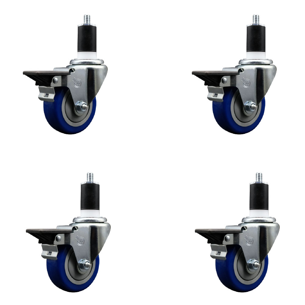 Polyurethane Swivel Expanding Stem Caster Set of 4 with 3.5 Inch Blue Wheels and 1-1/2" Stems - Includes 4 Swivel with Posi Locking Brakes - 300 lbs. Capacity Per Caster - Service Caster Brand — photo 1