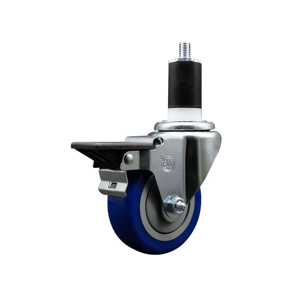 Polyurethane Expanding Stem Swivel Caster with 3.5 Inch Blue Wheel and 1-1/2" Stem & Posi Locking Brake - 300 lbs. Capacity Per Caster - Service Caster Brand — photo 1