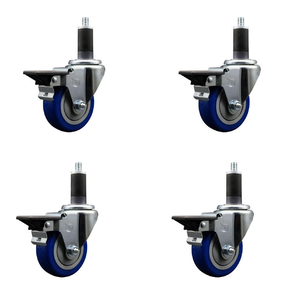 Polyurethane Swivel Expanding Stem Caster Set of 4 with 3.5 Inch Blue Wheels and 1-1/4" Stems - Includes 4 Swivel with Posi Locking Brakes - 300 lbs. Capacity Per Caster - Service Caster Brand — photo 1