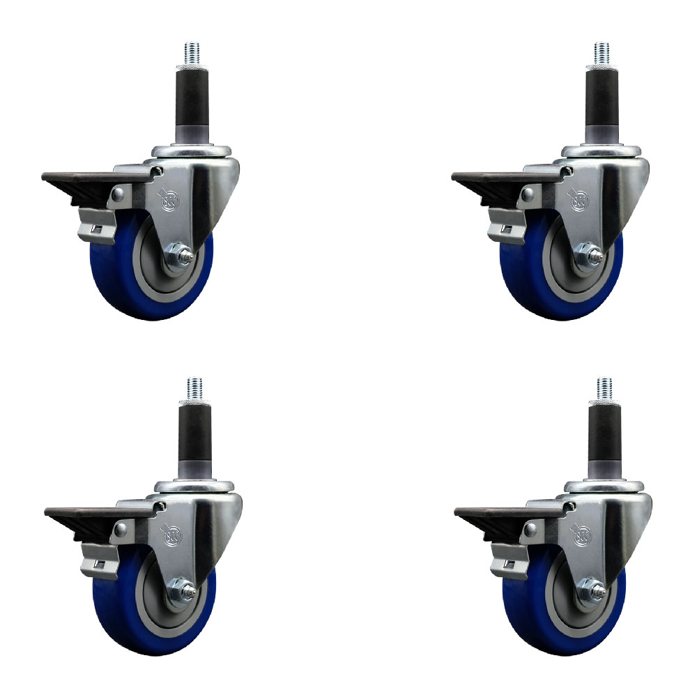Polyurethane Swivel Expanding Stem Caster Set of 4 with 3.5 Inch Blue Wheels and 1-1/8" Stems - Includes 4 Swivel with Posi Locking Brakes - 300 lbs. Capacity Per Caster - Service Caster Brand — photo 1