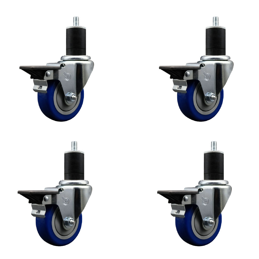 Polyurethane Swivel Expanding Stem Caster Set of 4 with 3.5 Inch Blue Wheels and 1-3/4" Stems - Includes 4 Swivel with Posi Locking Brakes - 300 lbs. Capacity Per Caster - Service Caster Brand — photo 1