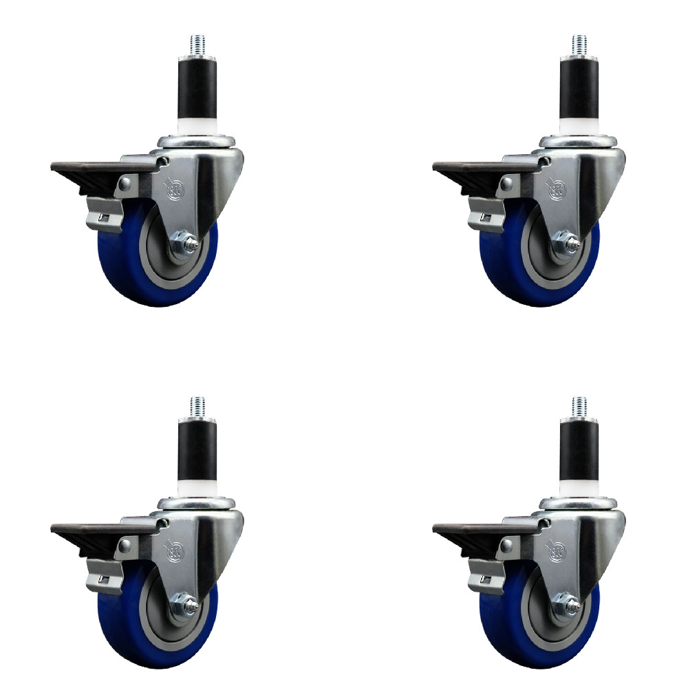 Polyurethane Swivel Expanding Stem Caster Set of 4 with 3.5 Inch Blue Wheels and 1-3/8" Stems - Includes 4 Swivel with Posi Locking Brakes - 300 lbs. Capacity Per Caster - Service Caster Brand — photo 1