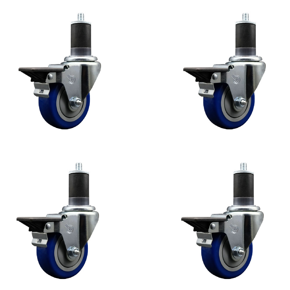 Polyurethane Swivel Expanding Stem Caster Set of 4 with 3.5 Inch Blue Wheels and 1-5/8" Stems - Includes 4 Swivel with Posi Locking Brakes - 300 lbs. Capacity Per Caster - Service Caster Brand — photo 1