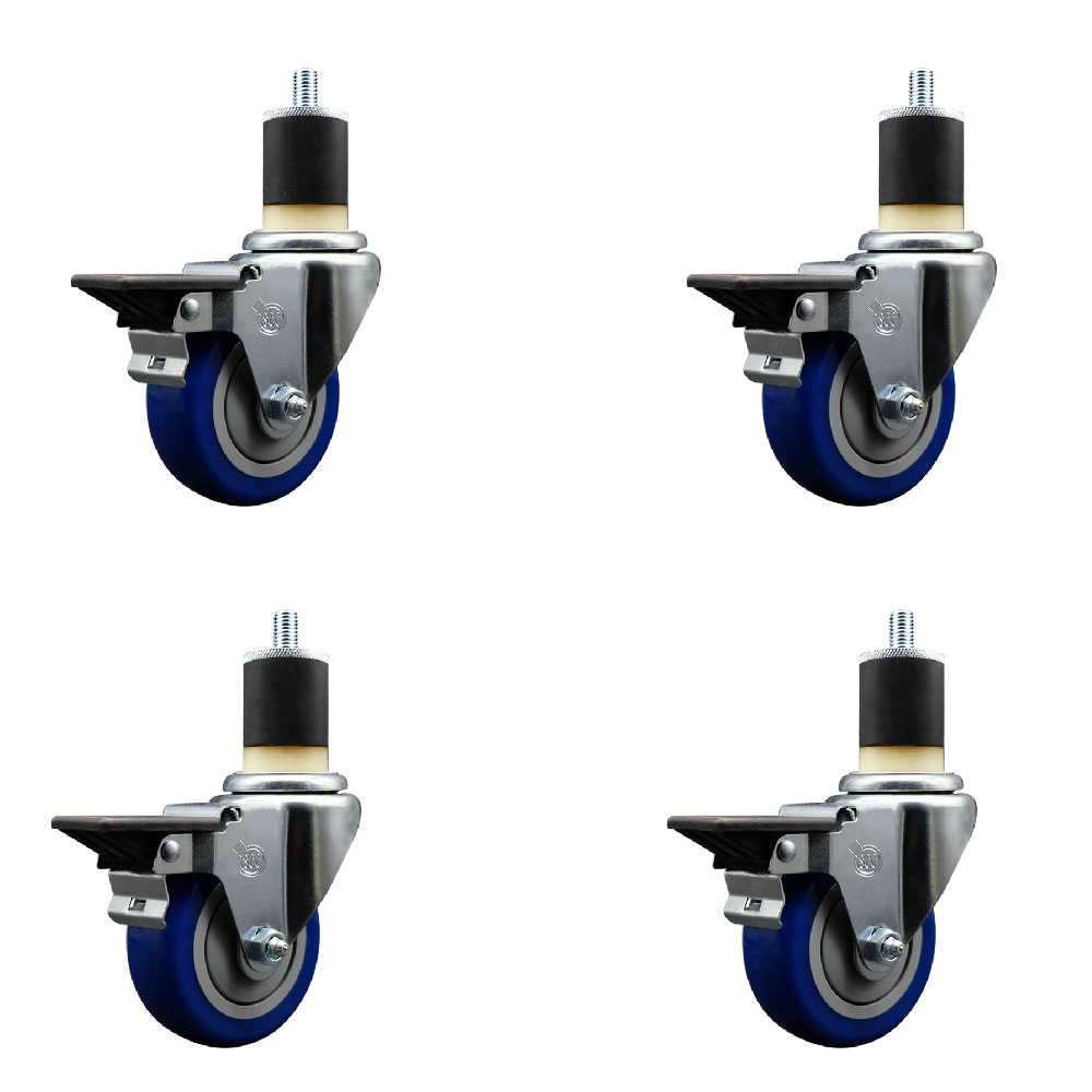 Polyurethane Swivel Expanding Stem Caster Set of 4 with 3.5 Inch Blue Wheels and 1-7/8" Stems - Includes 4 Swivel with Posi Locking Brakes - 300 lbs. Capacity Per Caster - Service Caster Brand — photo 1