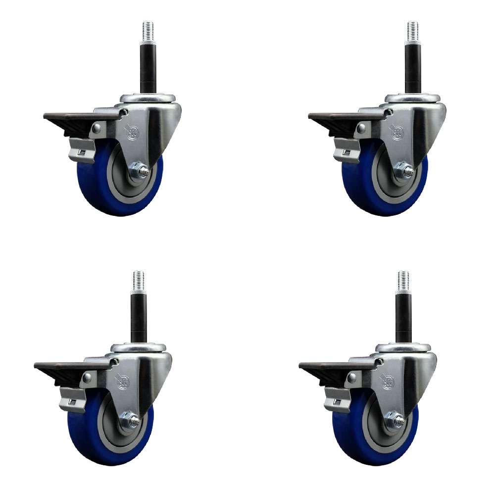 Polyurethane Swivel Expanding Stem Caster Set of 4 with 3.5 Inch Blue Wheels and 3/4" Stems - Includes 4 Swivel with Posi Locking Brakes - 300 lbs. Capacity Per Caster - Service Caster Brand — photo 1