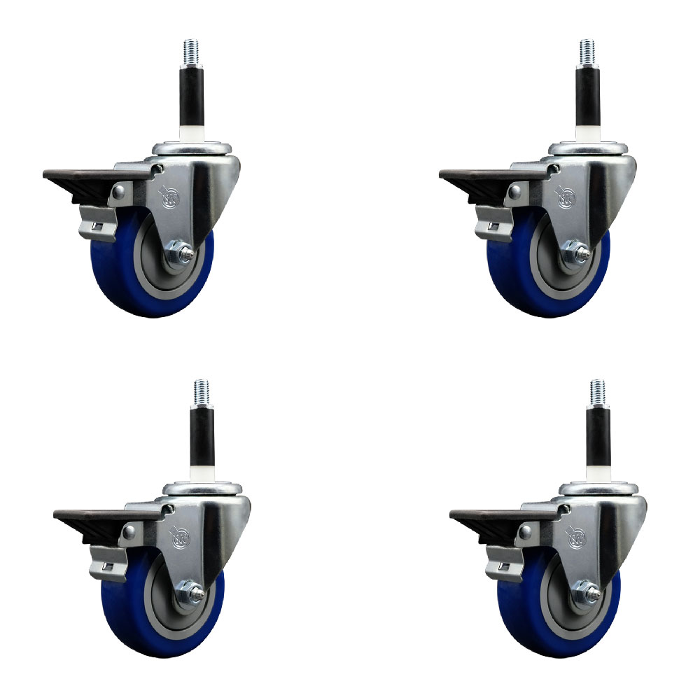 Polyurethane Swivel Expanding Stem Caster Set of 4 with 3.5 Inch Blue Wheels and 7/8" Stems - Includes 4 Swivel with Posi Locking Brakes - 300 lbs. Capacity Per Caster - Service Caster Brand — photo 1