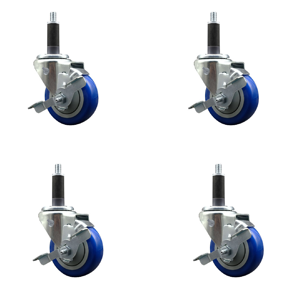 Stainless Steel Polyurethane Swivel Expanding Stem Caster Set of 4 with 3.5 Inch Blue Wheels and 1" Stems - 4 Swivel with Top Locking Brakes - 300 lbs. Capacity Per Caster - Service Caster Brand — photo 1