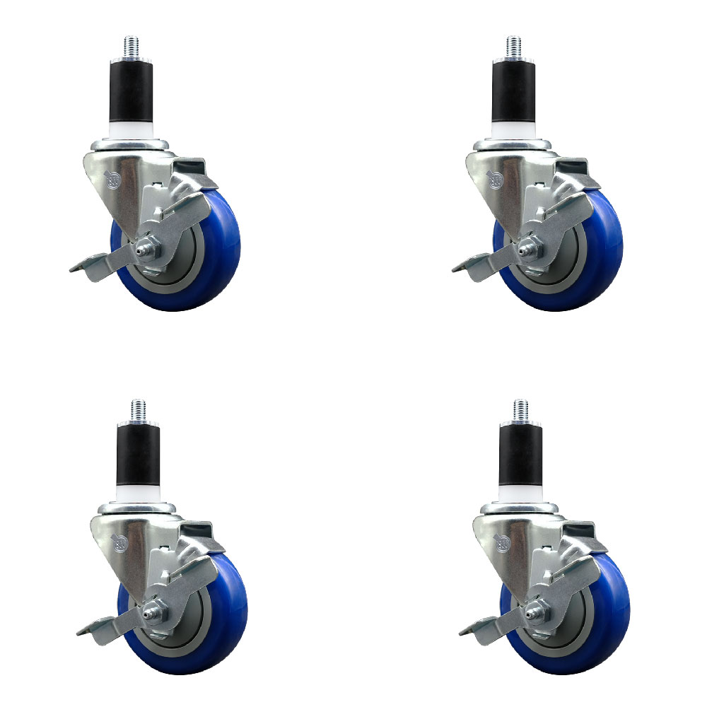 Stainless Steel Polyurethane Swivel Expanding Stem Caster Set of 4 with 3.5 Inch Blue Wheels and 1-1/2" Stems - 4 Swivel with Top Locking Brakes - 300 lbs. Capacity Per Caster - Service Caster Brand — photo 1