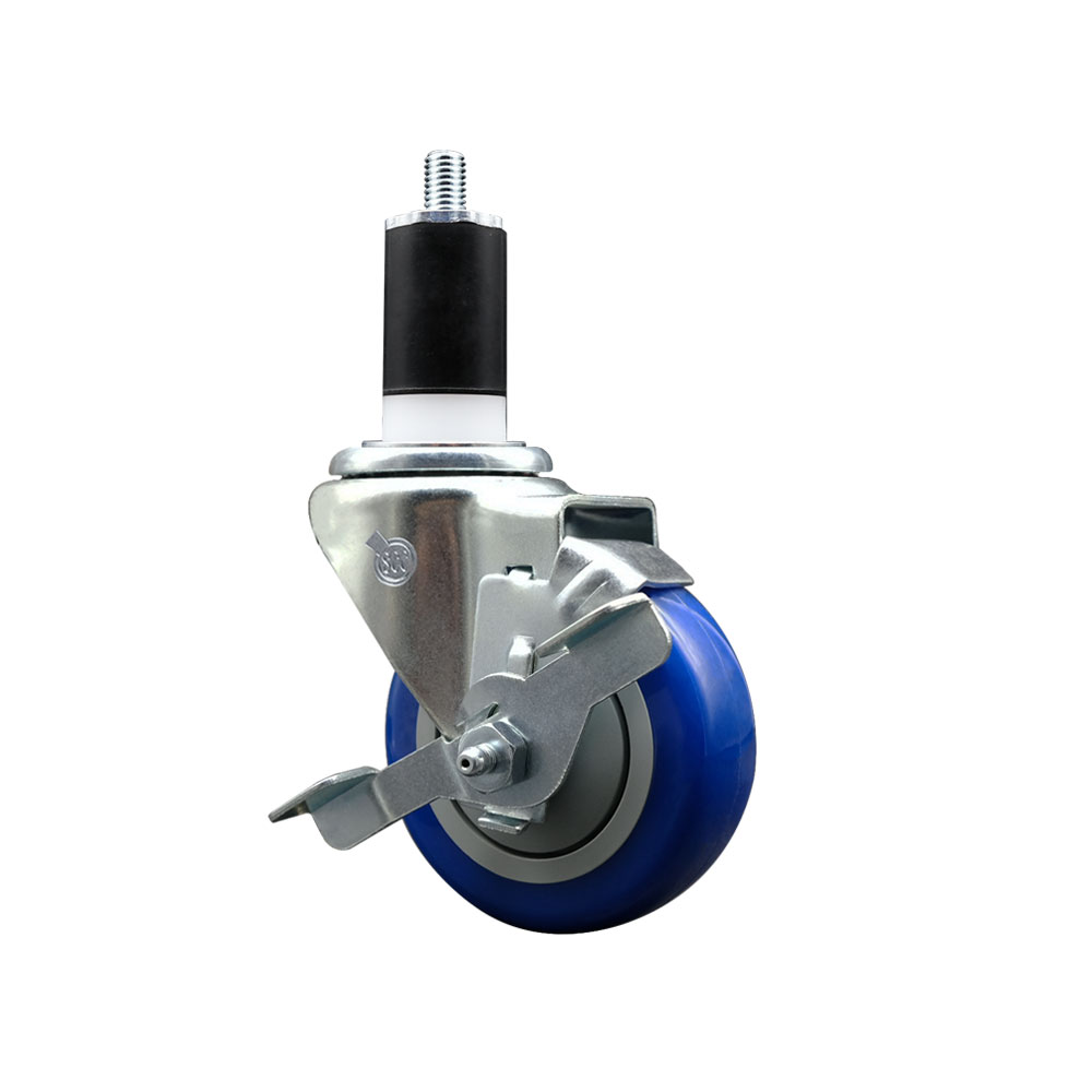 Stainless Steel Polyurethane Expanding Stem Swivel Caster with 3.5 Inch Blue Wheel and 1-1/2" Stem & Top Locking Brake - 300 lbs. Capacity Per Caster - Service Caster Brand — photo 1