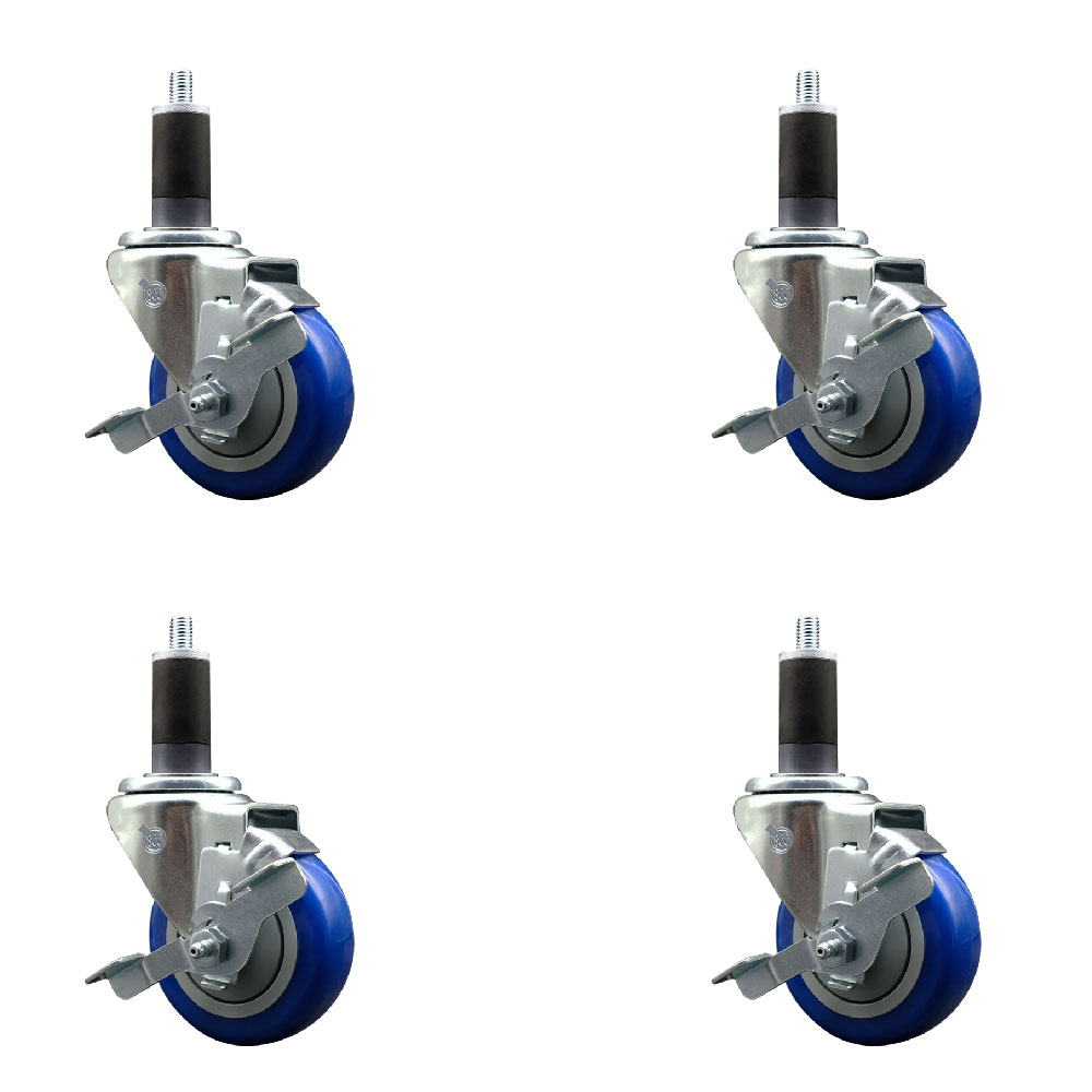 Polyurethane Swivel Expanding Stem Caster Set of 4 with 3.5 Inch Blue Wheels and 1-1/4" Stems - Includes 4 Swivel with Top Locking Brakes - 300 lbs. Capacity Per Caster - Service Caster Brand — photo 1