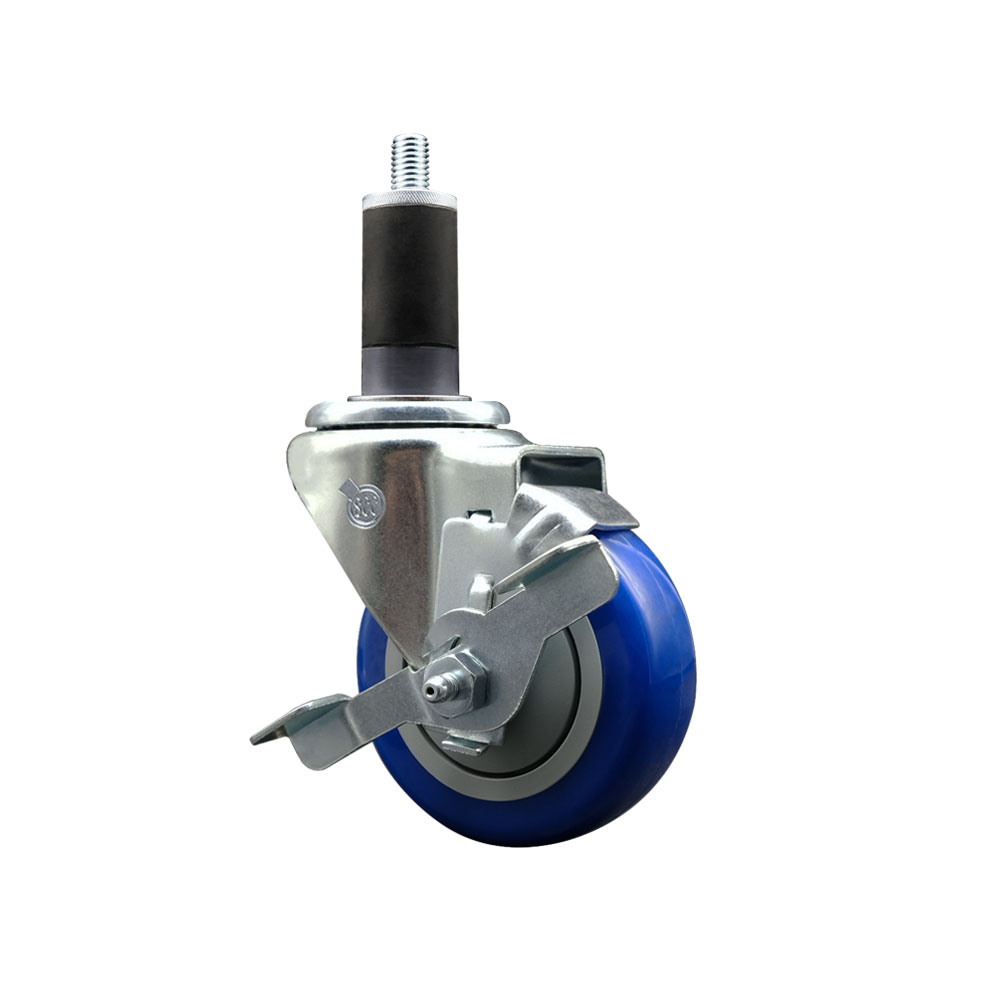 Polyurethane Expanding Stem Swivel Caster with 3.5 Inch Blue Wheel and 1-1/4" Stem & Top Locking Brake - 300 lbs. Capacity Per Caster - Service Caster Brand — photo 1