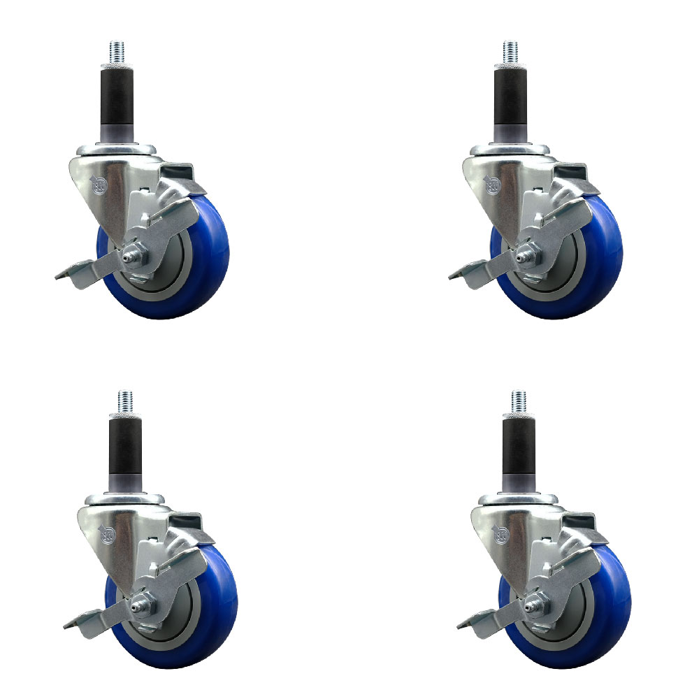 Stainless Steel Polyurethane Swivel Expanding Stem Caster Set of 4 with 3.5 Inch Blue Wheels and 1-1/8" Stems - 4 Swivel with Top Locking Brakes - 300 lbs. Capacity Per Caster - Service Caster Brand — photo 1