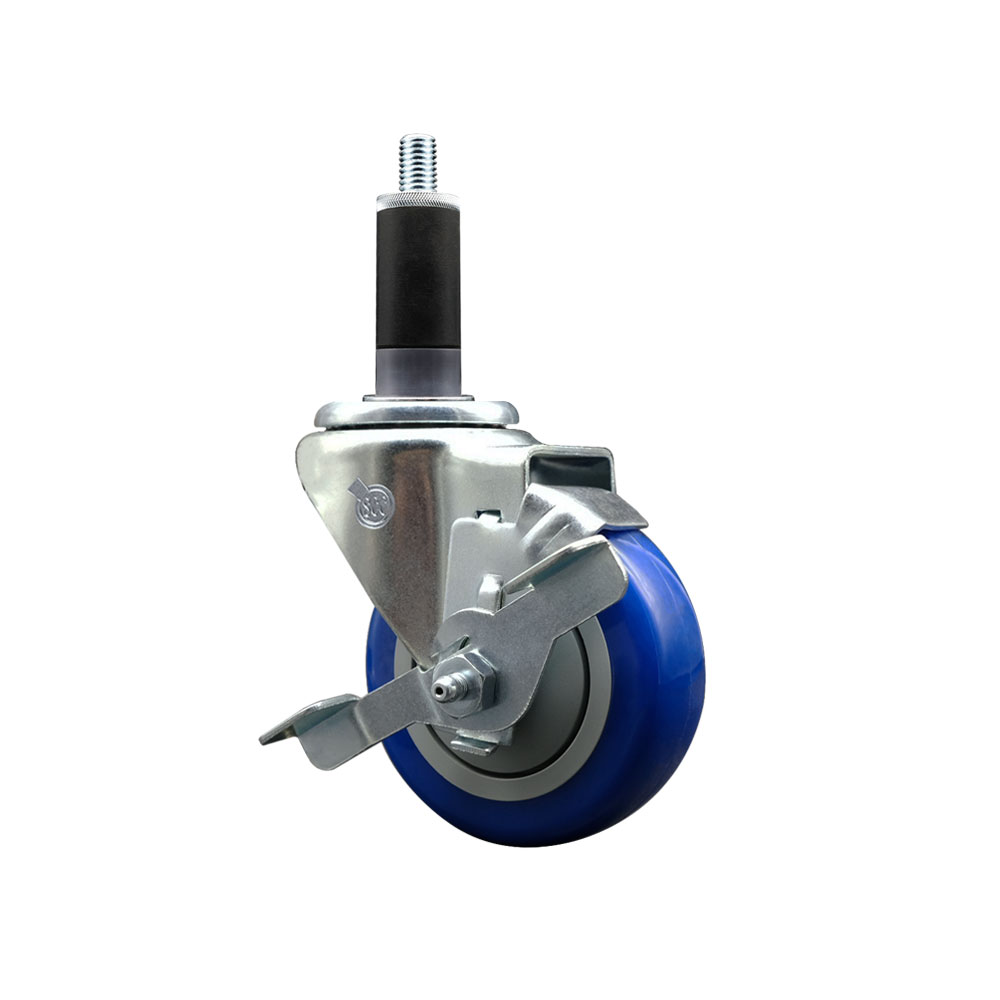 Stainless Steel Polyurethane Expanding Stem Swivel Caster with 3.5 Inch Blue Wheel and 1-1/8" Stem & Top Locking Brake - 300 lbs. Capacity Per Caster - Service Caster Brand — photo 1