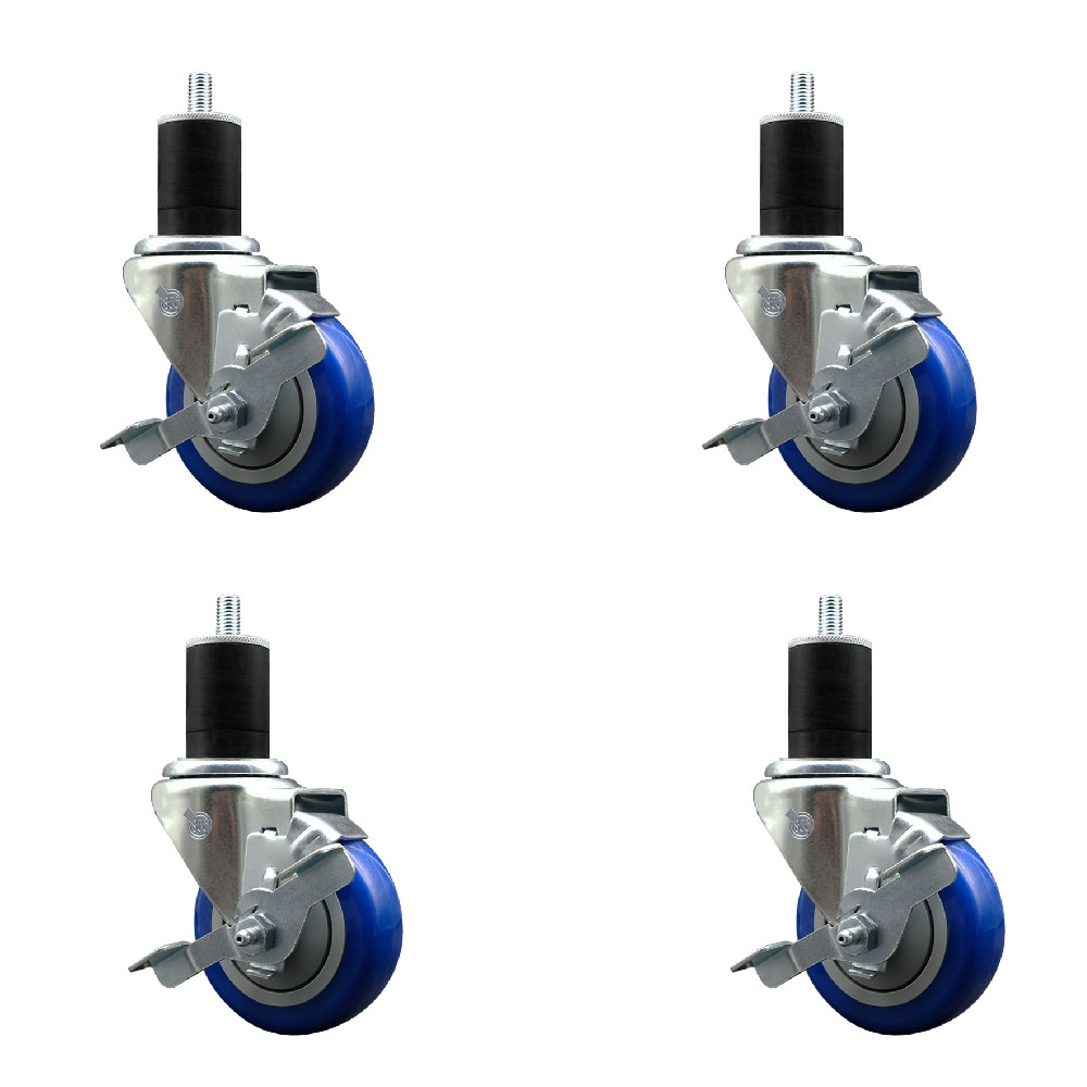 Polyurethane Swivel Expanding Stem Caster Set of 4 with 3.5 Inch Blue Wheels and 1-3/4" Stems - Includes 4 Swivel with Top Locking Brakes - 300 lbs. Capacity Per Caster - Service Caster Brand — photo 1