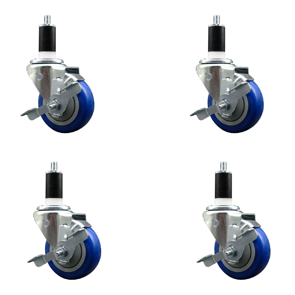 Polyurethane Swivel Expanding Stem Caster Set of 4 with 3.5 Inch Blue Wheels and 1-3/8" Stems - Includes 4 Swivel with Top Locking Brakes - 300 lbs. Capacity Per Caster - Service Caster Brand — photo 1