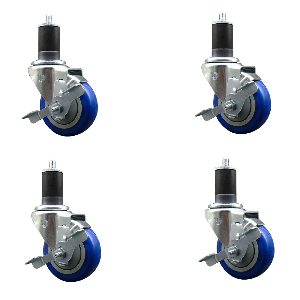 Stainless Steel Polyurethane Swivel Expanding Stem Caster Set of 4 with 3.5 Inch Blue Wheels and 1-5/8" Stems - 4 Swivel with Top Locking Brakes - 300 lbs. Capacity Per Caster - Service Caster Brand — photo 1