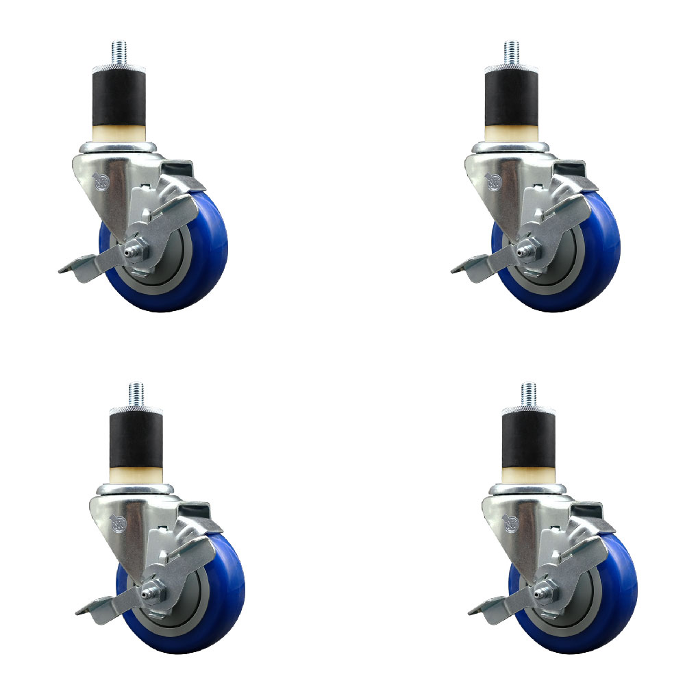 Polyurethane Swivel Expanding Stem Caster Set of 4 with 3.5 Inch Blue Wheels and 1-7/8" Stems - Includes 4 Swivel with Top Locking Brakes - 300 lbs. Capacity Per Caster - Service Caster Brand — photo 1