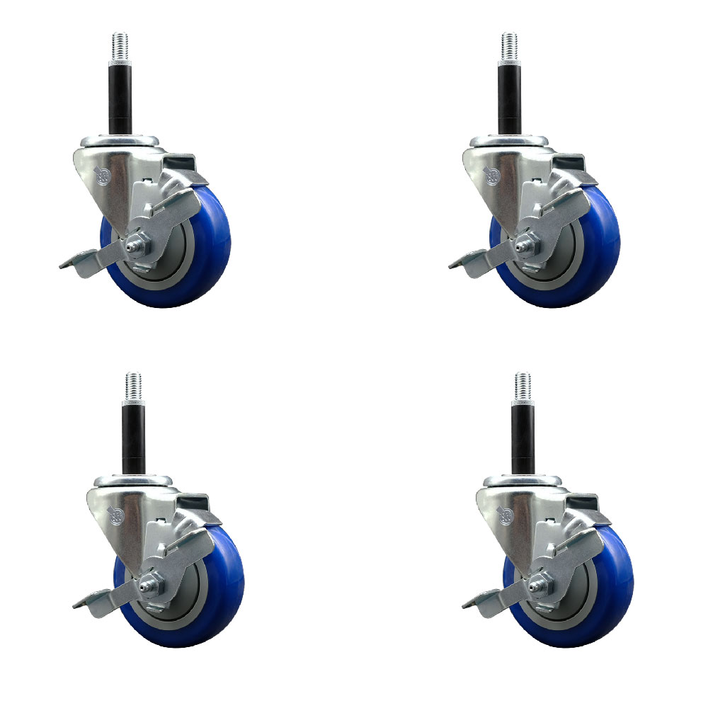 Polyurethane Swivel Expanding Stem Caster Set of 4 with 3.5 Inch Blue Wheels and 3/4" Stems - Includes 4 Swivel with Top Locking Brakes - 300 lbs. Capacity Per Caster - Service Caster Brand — photo 1