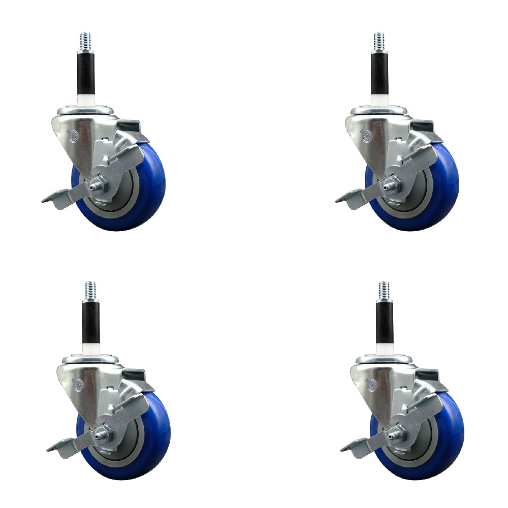 Polyurethane Swivel Expanding Stem Caster Set of 4 with 3.5 Inch Blue Wheels and 7/8" Stems - Includes 4 Swivel with Top Locking Brakes - 300 lbs. Capacity Per Caster - Service Caster Brand — photo 1