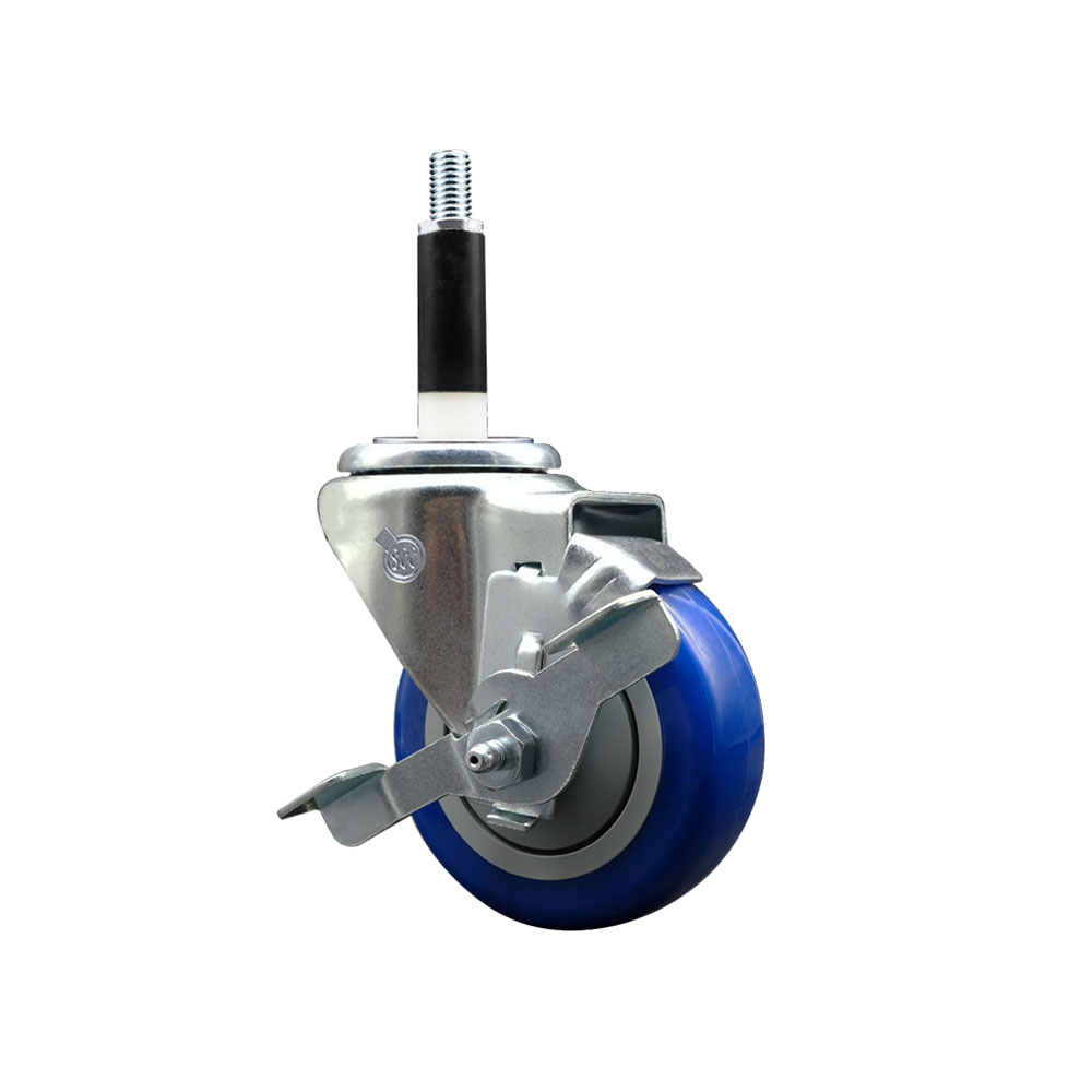 Stainless Steel Polyurethane Expanding Stem Swivel Caster with 3.5 Inch Blue Wheel and 7/8" Stem & Top Locking Brake - 300 lbs. Capacity Per Caster - Service Caster Brand — photo 1