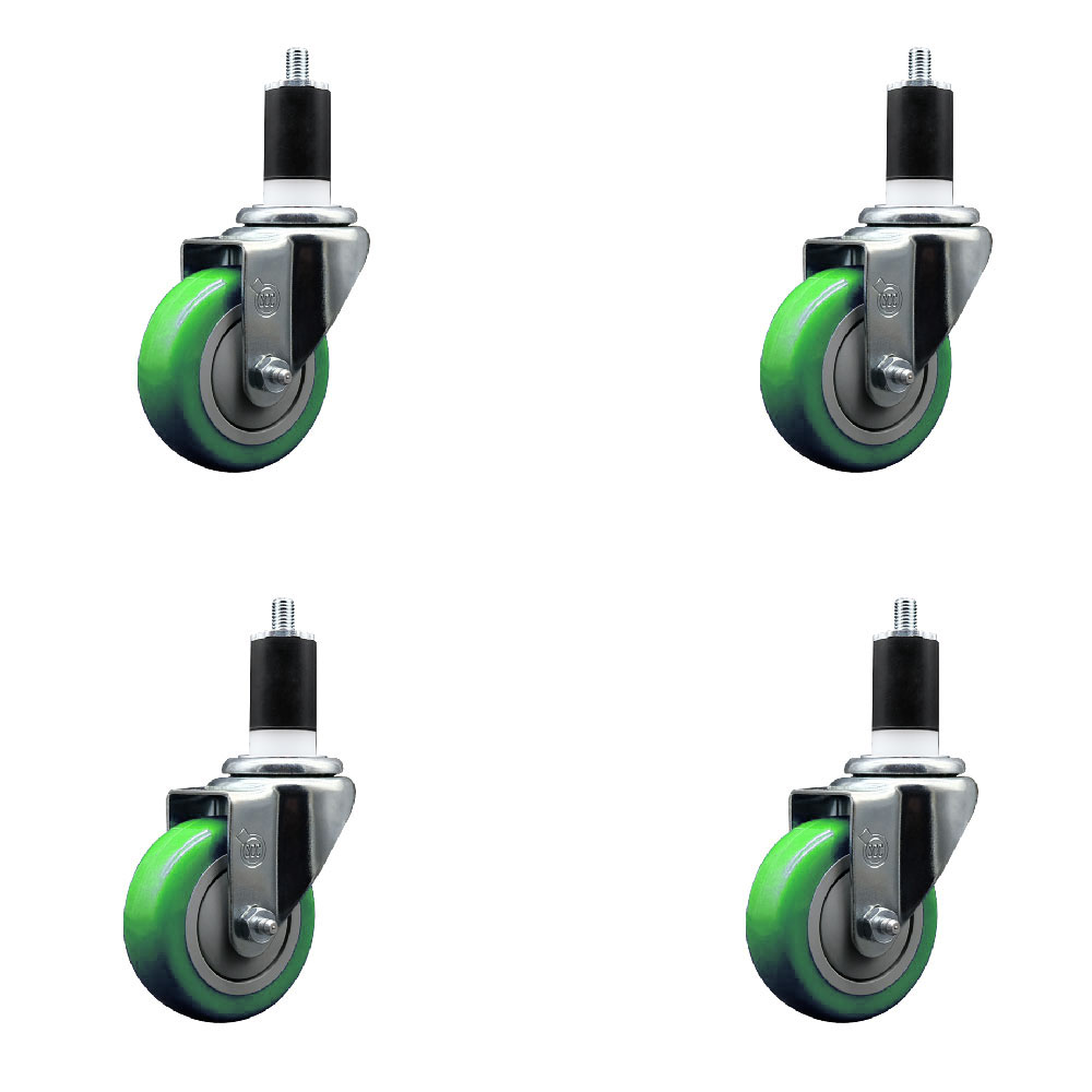 Stainless Steel Polyurethane Swivel Expanding Stem Caster Set of 4 with 3.5 Inch Green Wheels and 1-1/2" Stems - Includes 4 Swivel - 300 lbs. Capacity Per Caster - Service Caster Brand — photo 1