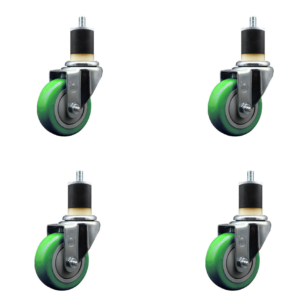 Stainless Steel Polyurethane Swivel Expanding Stem Caster Set of 4 with 3.5 Inch Green Wheels and 1-7/8" Stems - Includes 4 Swivel - 300 lbs. Capacity Per Caster - Service Caster Brand — photo 1