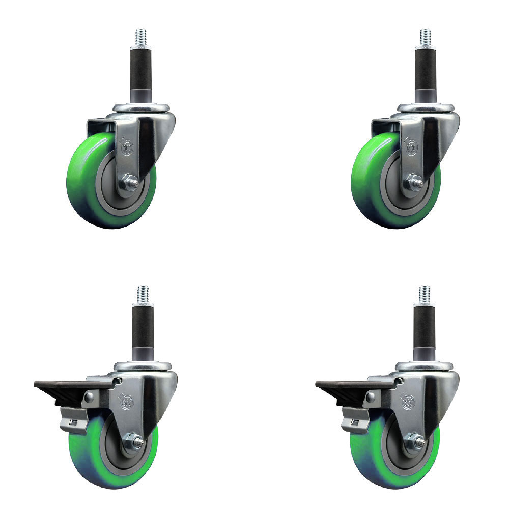Polyurethane Swivel Expanding Stem Caster Set of 4 with 3.5 Inch Green Wheels and 1" Stems - Includes 2 with Posi Locking Brakes - 1200 lbs Total Capacity - Service Caster Brand — photo 1