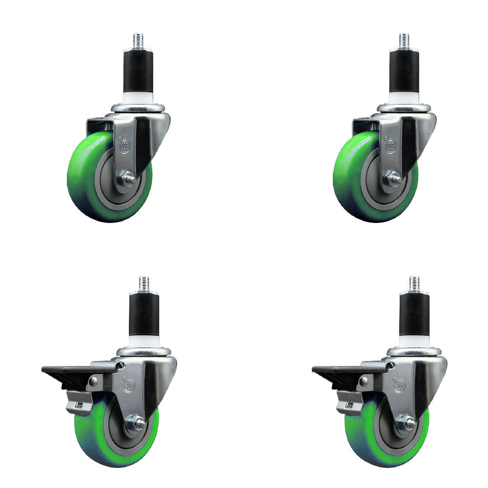 Polyurethane Swivel Expanding Stem Caster Set of 4 with 3.5 Inch Green Wheels and 1-1/2" Stems - Includes 2 with Posi Locking Brakes - 1200 lbs Total Capacity - Service Caster Brand — photo 1