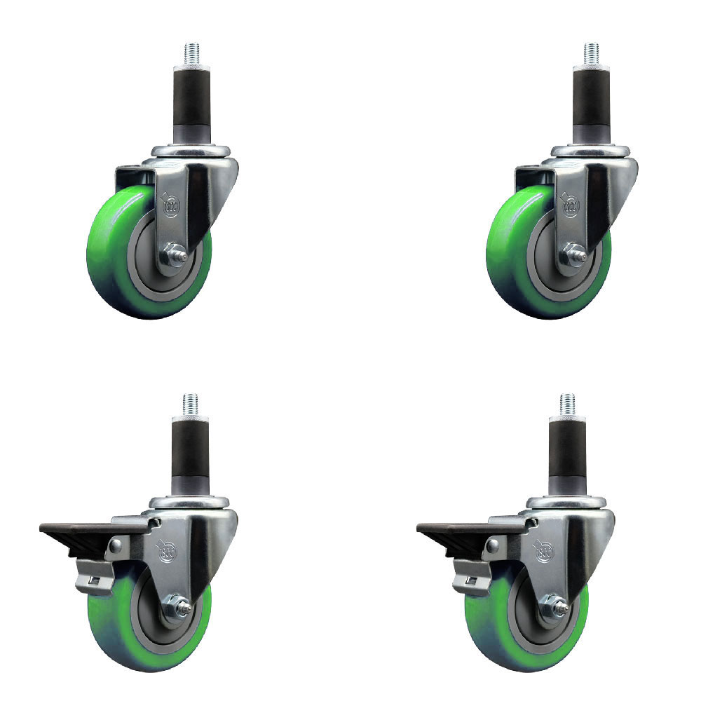 Polyurethane Swivel Expanding Stem Caster Set of 4 with 3.5 Inch Green Wheels and 1-1/4" Stems - Includes 2 with Posi Locking Brakes - 1200 lbs Total Capacity - Service Caster Brand — photo 1