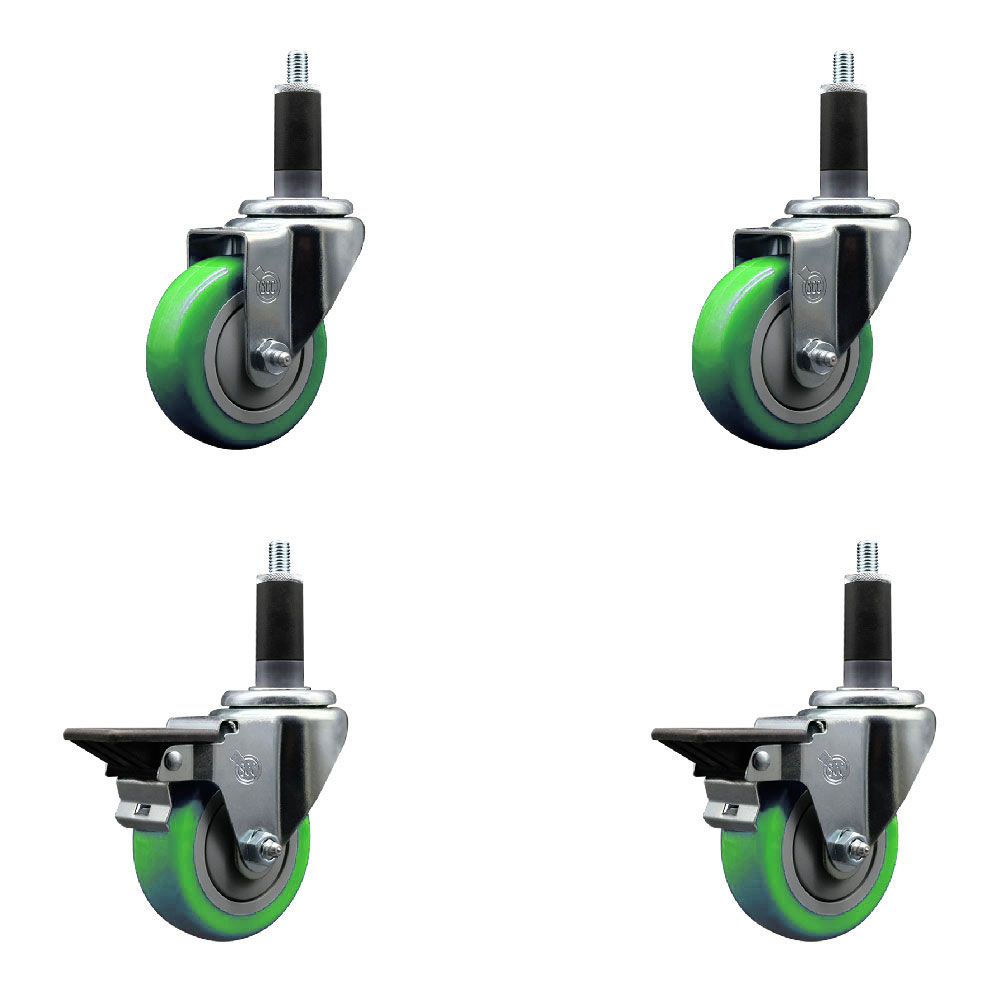 Polyurethane Swivel Expanding Stem Caster Set of 4 with 3.5 Inch Green Wheels and 1-1/8" Stems - Includes 2 with Posi Locking Brakes - 1200 lbs Total Capacity - Service Caster Brand — photo 1