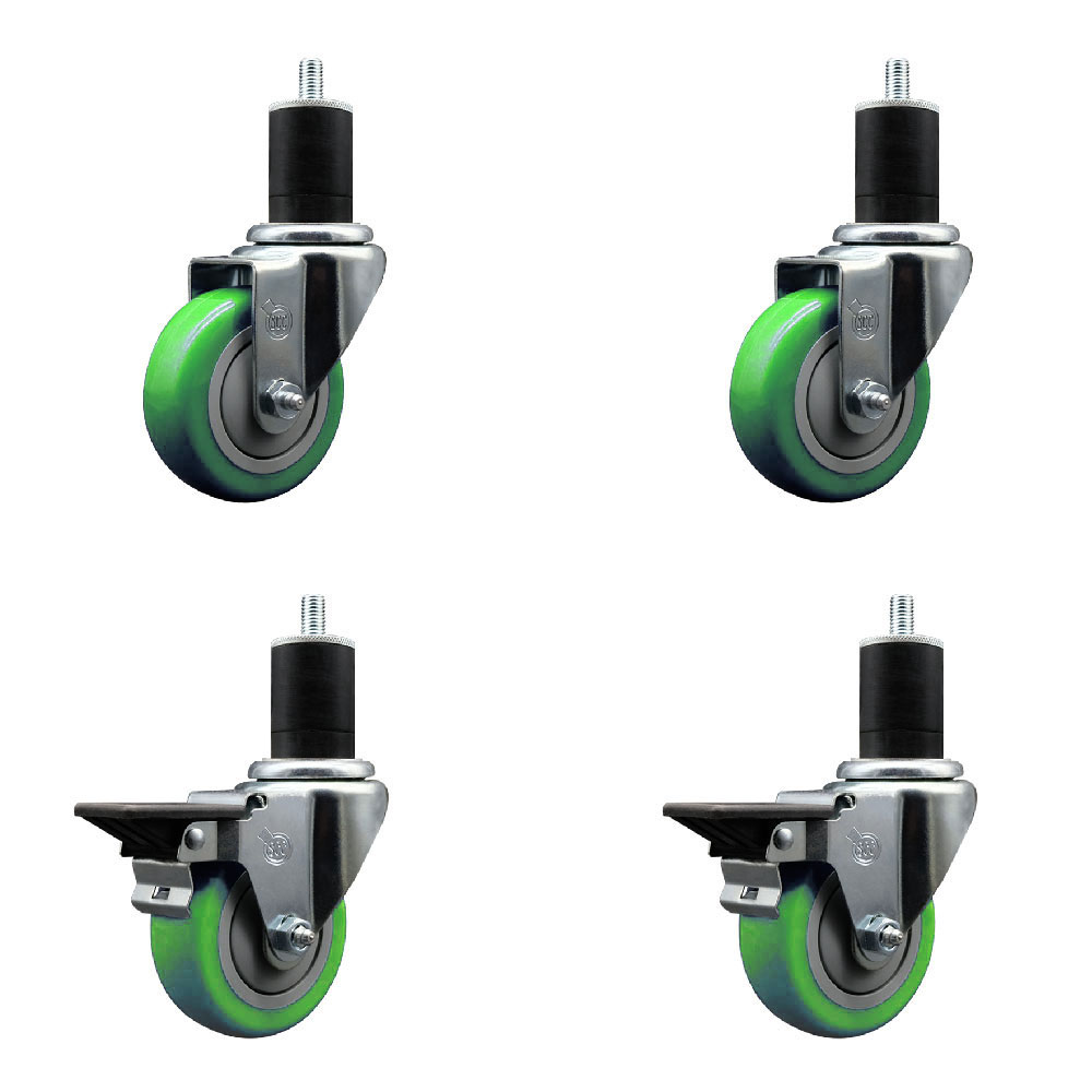 Polyurethane Swivel Expanding Stem Caster Set of 4 with 3.5 Inch Green Wheels and 1-3/4" Stems - Includes 2 with Posi Locking Brakes - 1200 lbs Total Capacity - Service Caster Brand — photo 1
