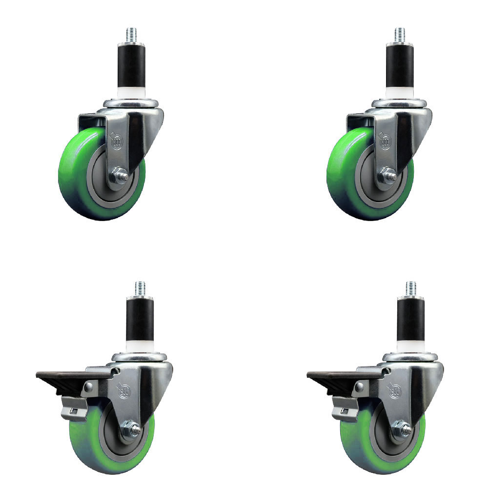 Polyurethane Swivel Expanding Stem Caster Set of 4 with 3.5 Inch Green Wheels and 1-3/8" Stems - Includes 2 with Posi Locking Brakes - 1200 lbs Total Capacity - Service Caster Brand — photo 1