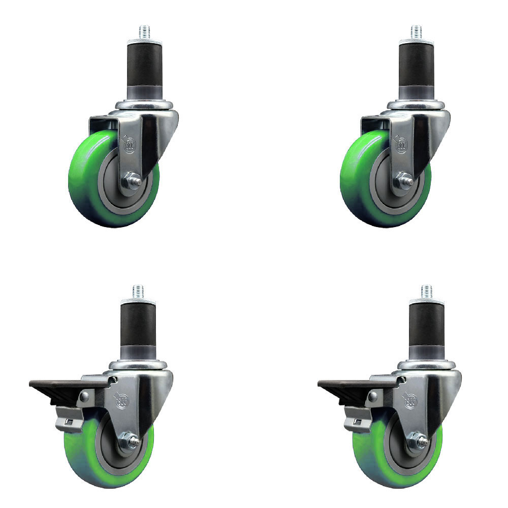 Polyurethane Swivel Expanding Stem Caster Set of 4 with 3.5 Inch Green Wheels and 1-5/8" Stems - Includes 2 with Posi Locking Brakes - 1200 lbs Total Capacity - Service Caster Brand — photo 1
