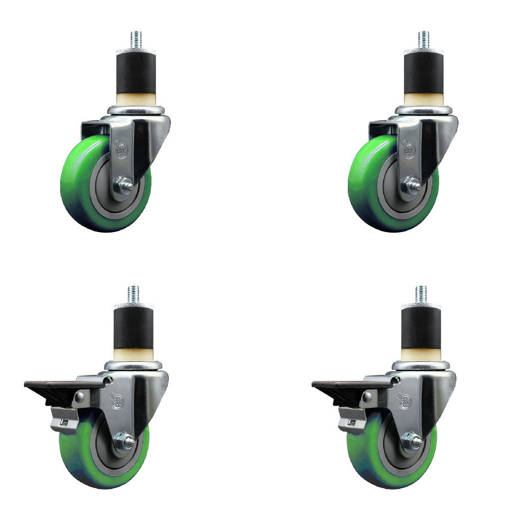 Polyurethane Swivel Expanding Stem Caster Set of 4 with 3.5 Inch Green Wheels and 1-7/8" Stems - Includes 2 with Posi Locking Brakes - 1200 lbs Total Capacity - Service Caster Brand — photo 1