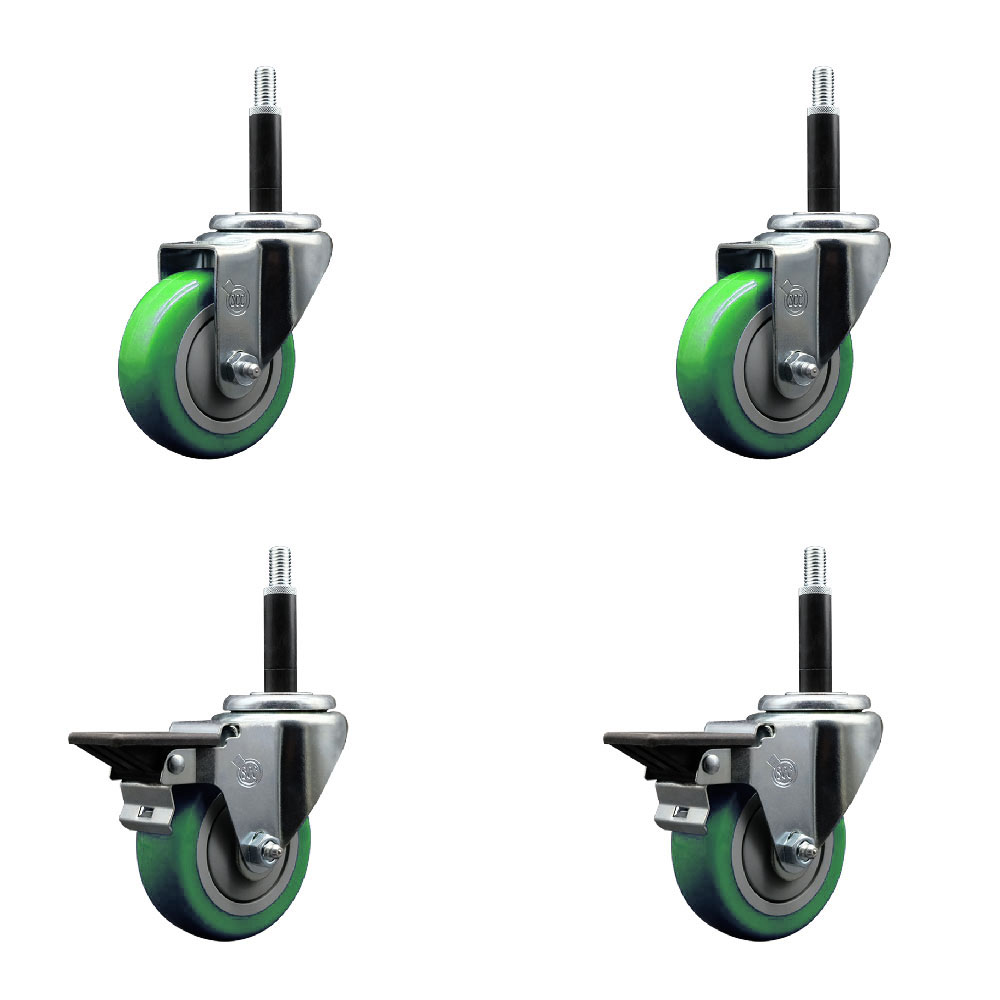 Polyurethane Swivel Expanding Stem Caster Set of 4 with 3.5 Inch Green Wheels and 3/4" Stems - Includes 2 with Posi Locking Brakes - 1200 lbs Total Capacity - Service Caster Brand — photo 1