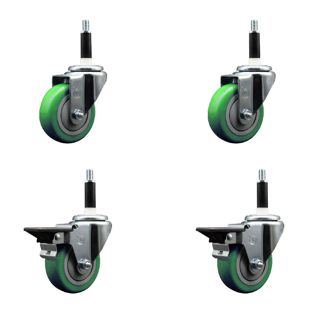 Polyurethane Swivel Expanding Stem Caster Set of 4 with 3.5 Inch Green Wheels and 7/8" Stems - Includes 2 with Posi Locking Brakes - 1200 lbs Total Capacity - Service Caster Brand — photo 1