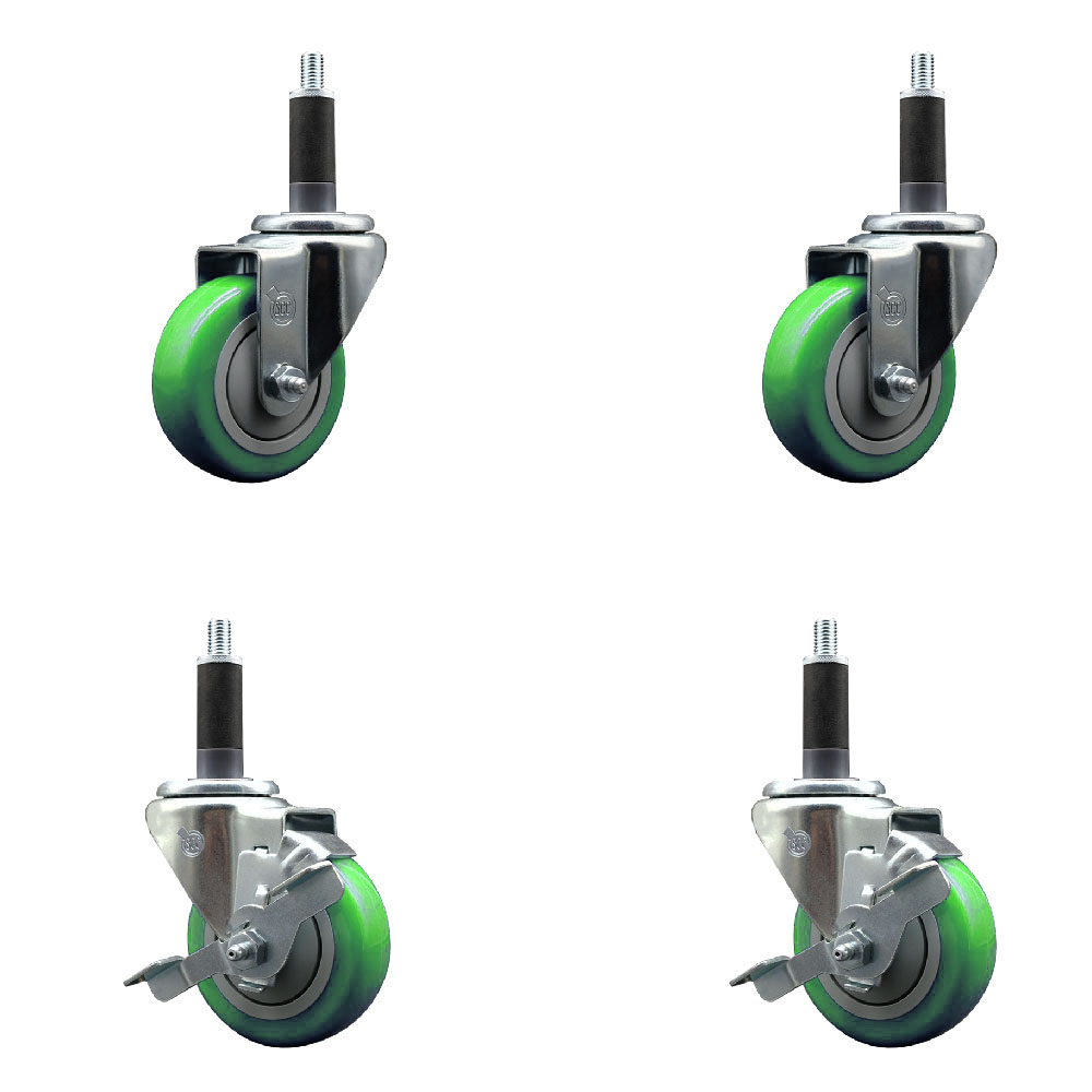 Stainless Steel Polyurethane Swivel Expanding Stem Caster Set of 4 with 3.5 Inch Green Wheels and 1" Stems - Includes 2 with Top Locking Brakes - 1200 lbs Total Capacity - Service Caster Brand — photo 1