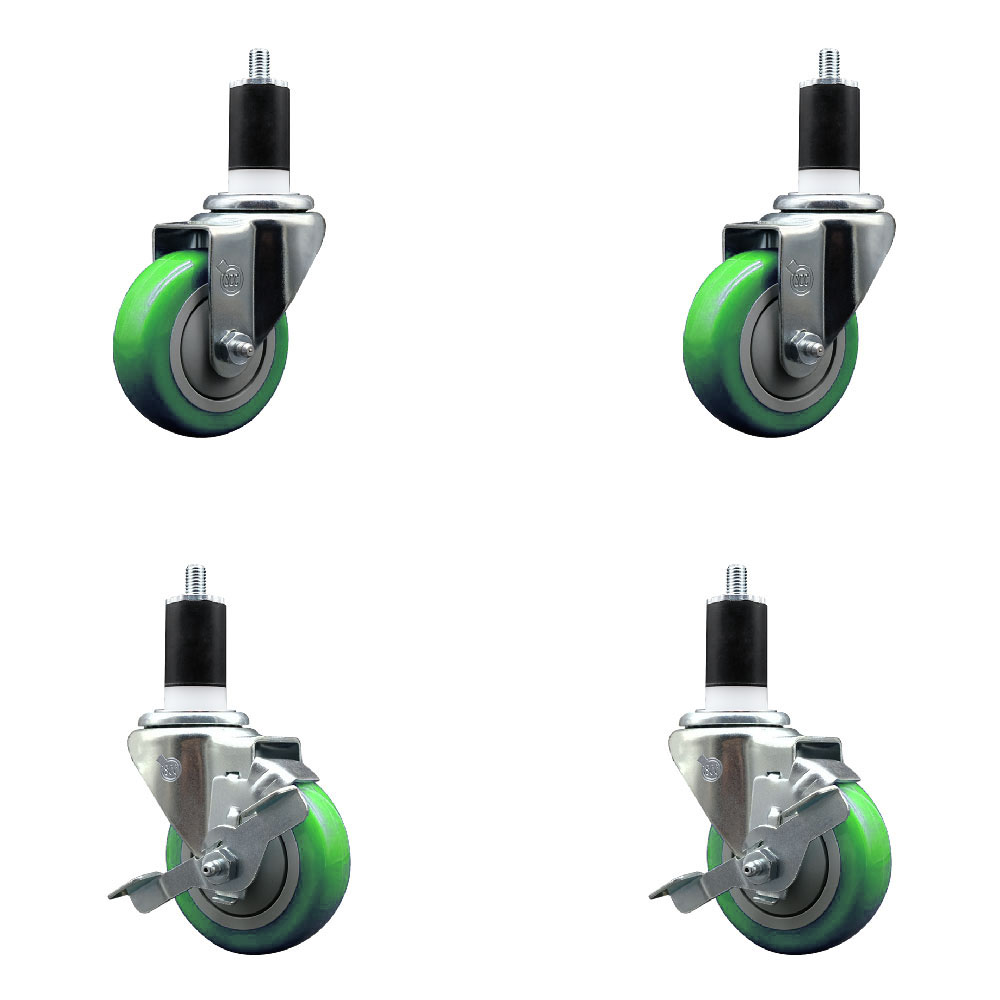Stainless Steel Polyurethane Swivel Expanding Stem Caster Set of 4 with 3.5 Inch Green Wheels and 1-1/2" Stems - Includes 2 with Top Locking Brakes - 1200 lbs Total Capacity - Service Caster Brand — photo 1