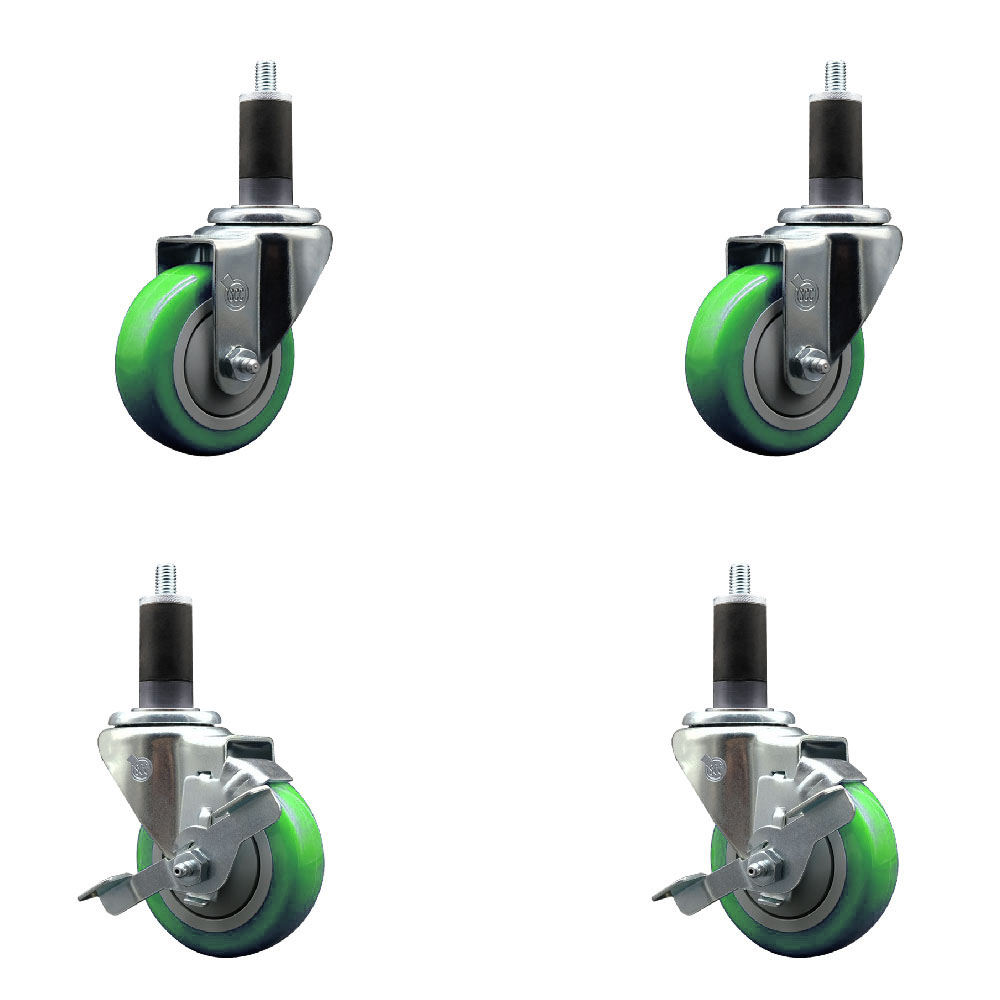 Stainless Steel Polyurethane Swivel Expanding Stem Caster Set of 4 with 3.5 Inch Green Wheels and 1-1/4" Stems - Includes 2 with Top Locking Brakes - 1200 lbs Total Capacity - Service Caster Brand — photo 1
